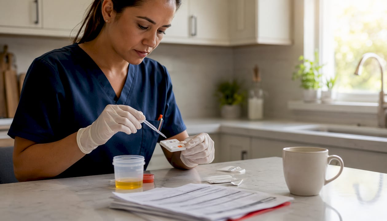 Hands preparing urine drug immunoassay test