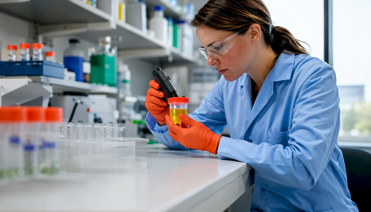 Lab technician handling urine sample for kratom test