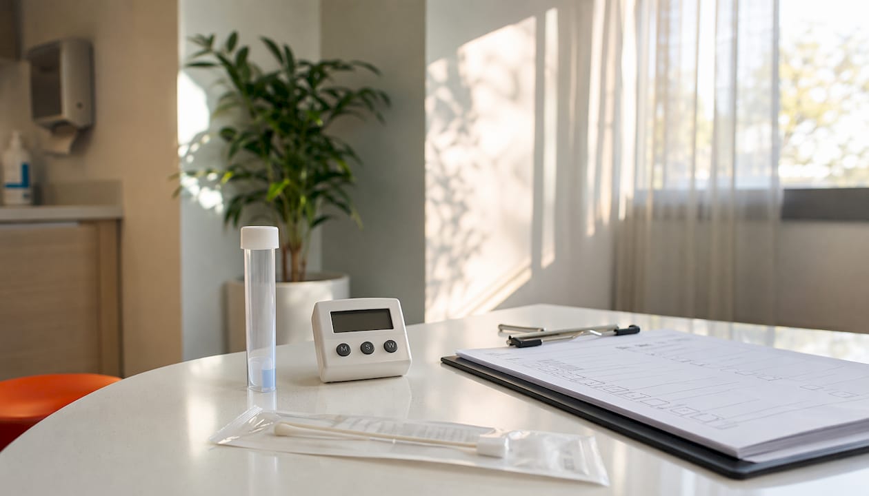Overhead view of saliva drug test tools on office desk