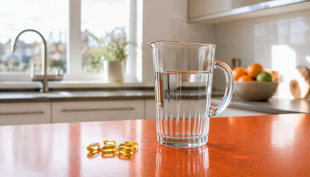 Water glass with vitamin capsules nearby