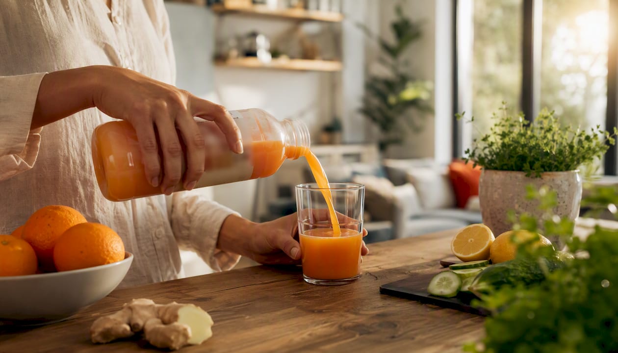 Hands pouring detox drink into glass