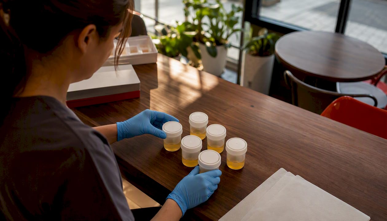 Hands holding urine sample containers in lab