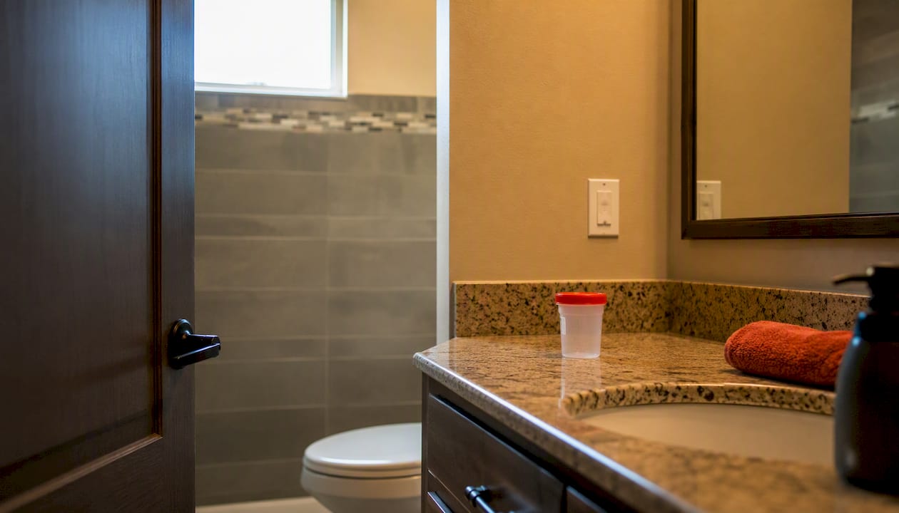 Restroom stall prepared for urine drug test