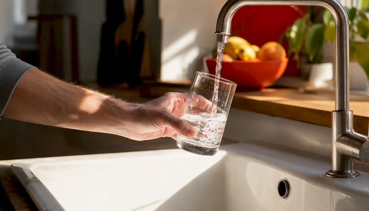 Hand pouring water into glass over kitchen sink