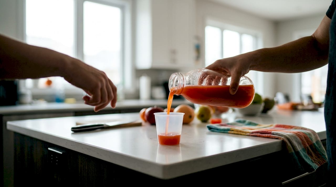 Pouring same-day detox drink into plastic cup