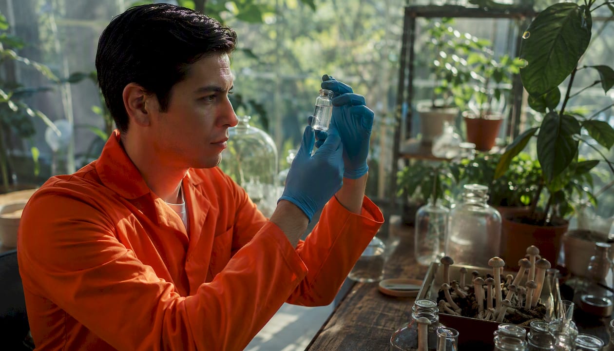 Lab technician pouring liquid into vial