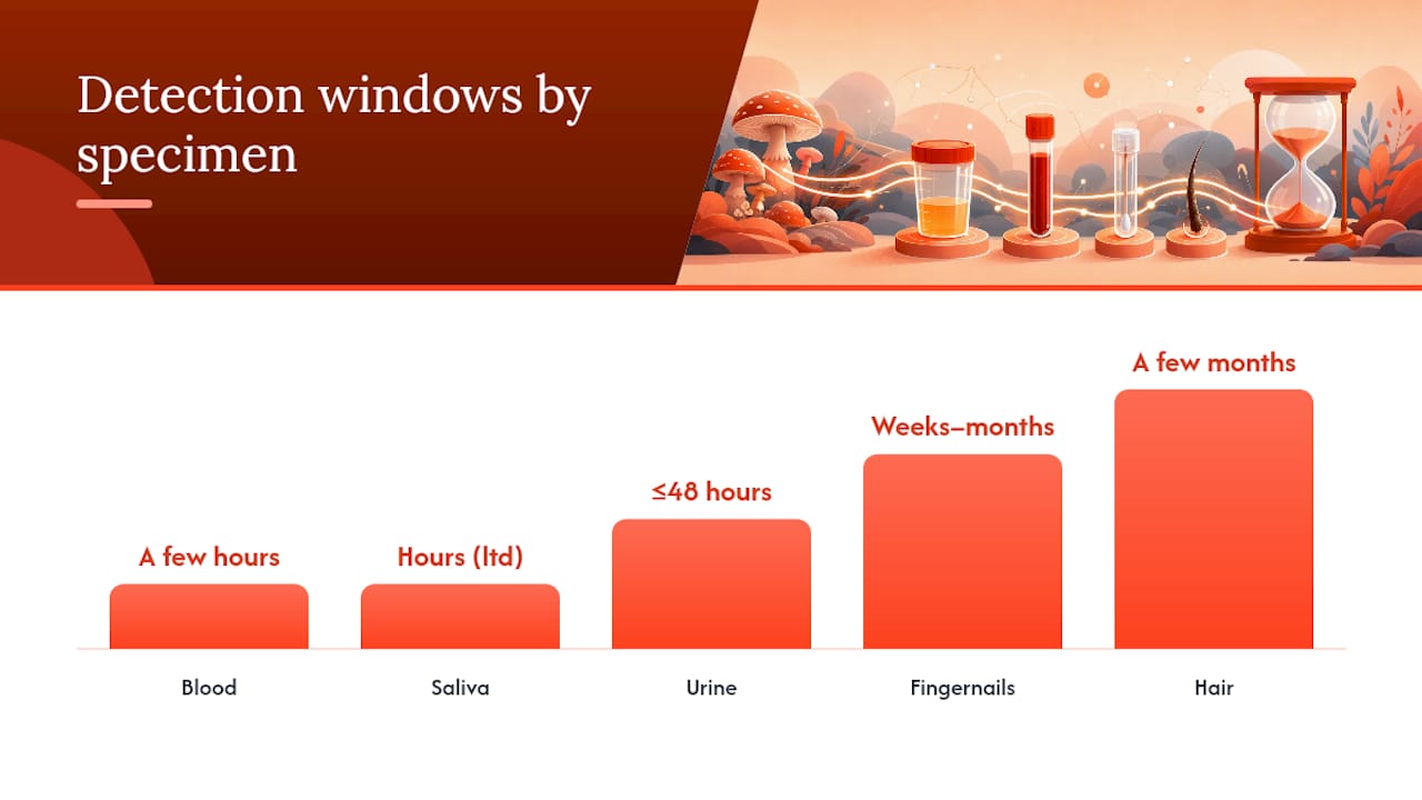 Diagram of psilocybin detection windows by specimen type