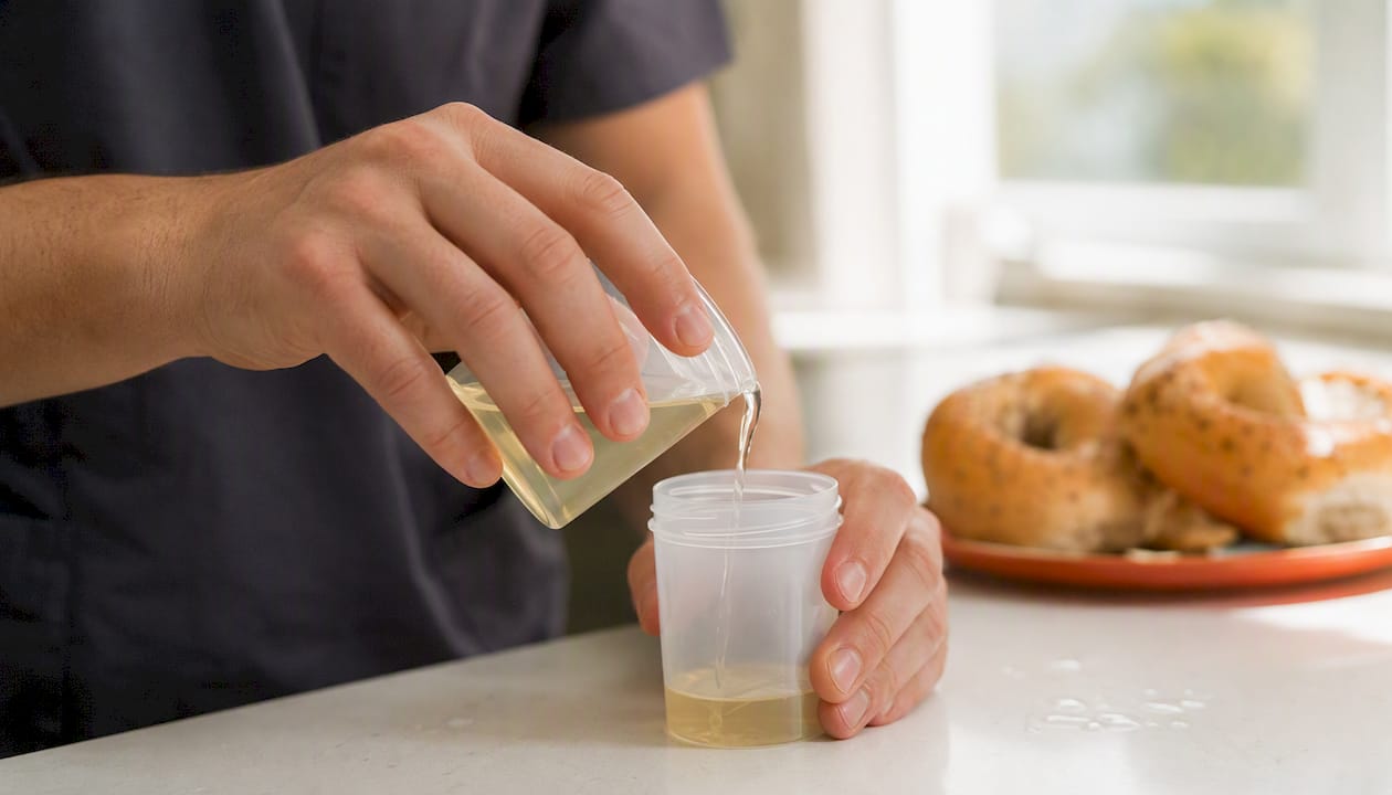 Person pouring urine sample near poppy seed bagel