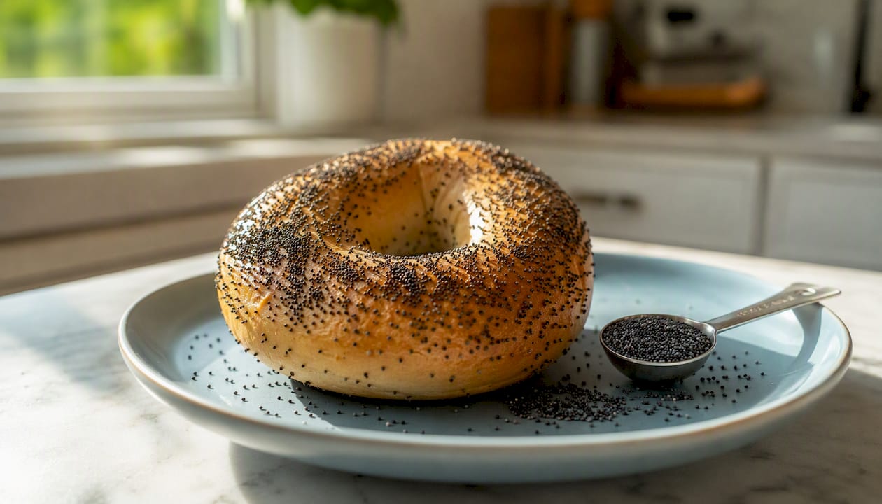 Poppy seed bagel and teaspoon with loose seeds
