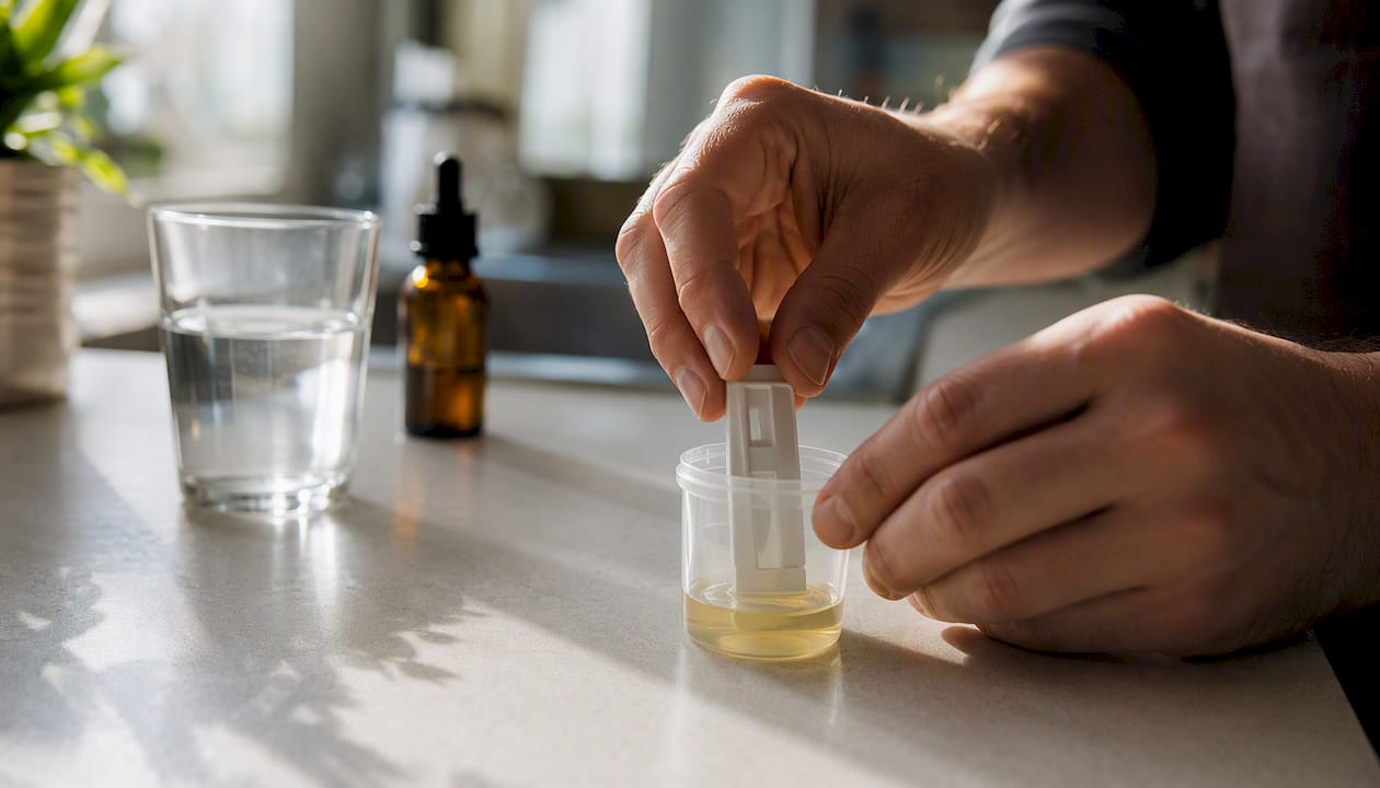 Hands preparing at-home urine drug test kit