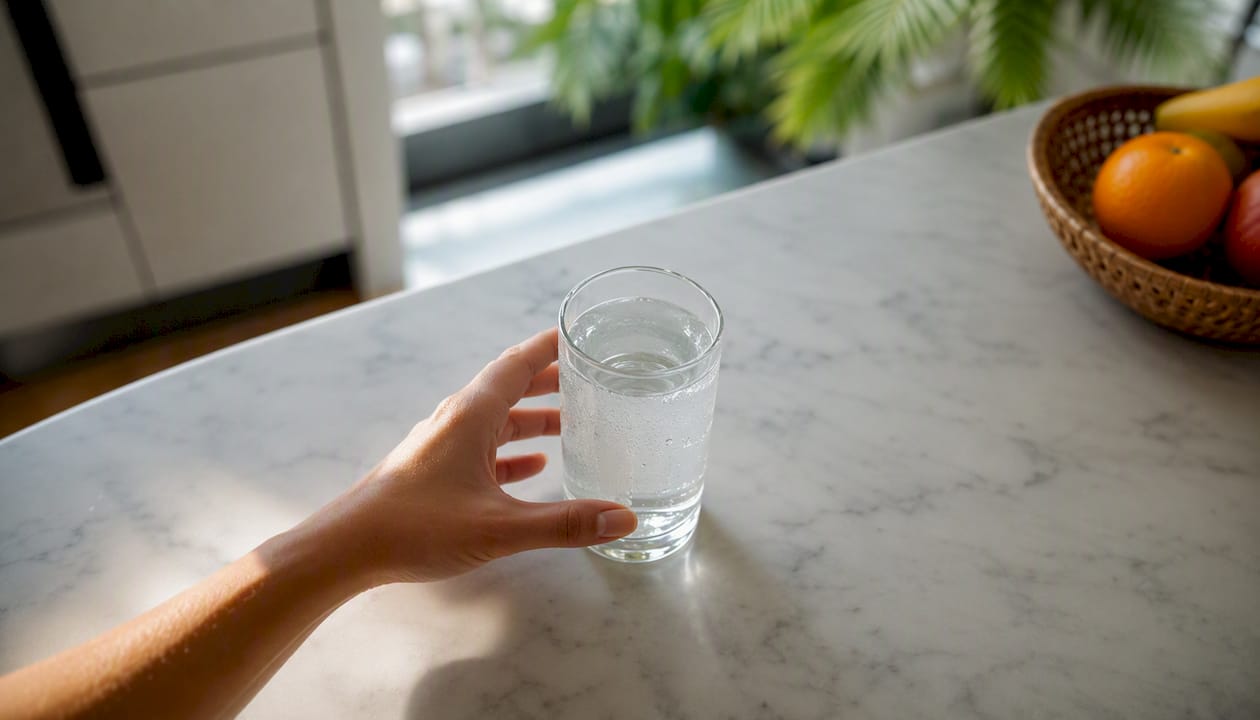 Hand lifting glass of water for detox