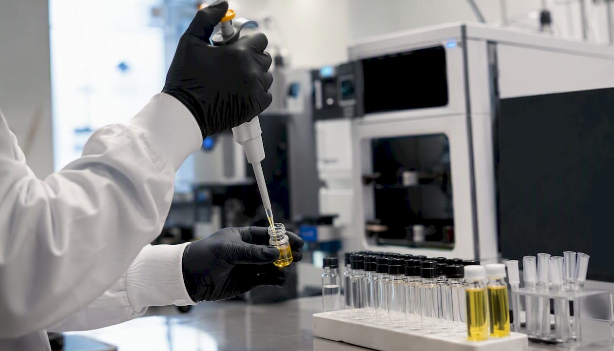Hands preparing sample next to LC-MS/MS machine