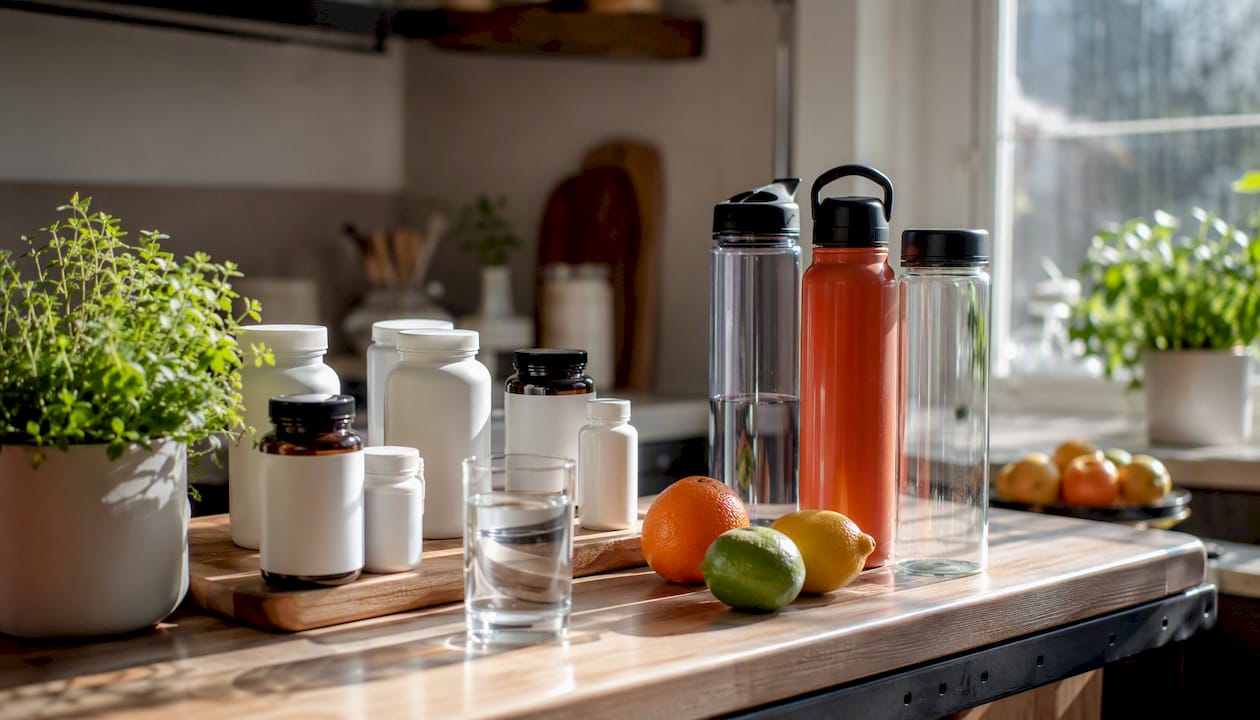 Health supplements and water bottles on counter