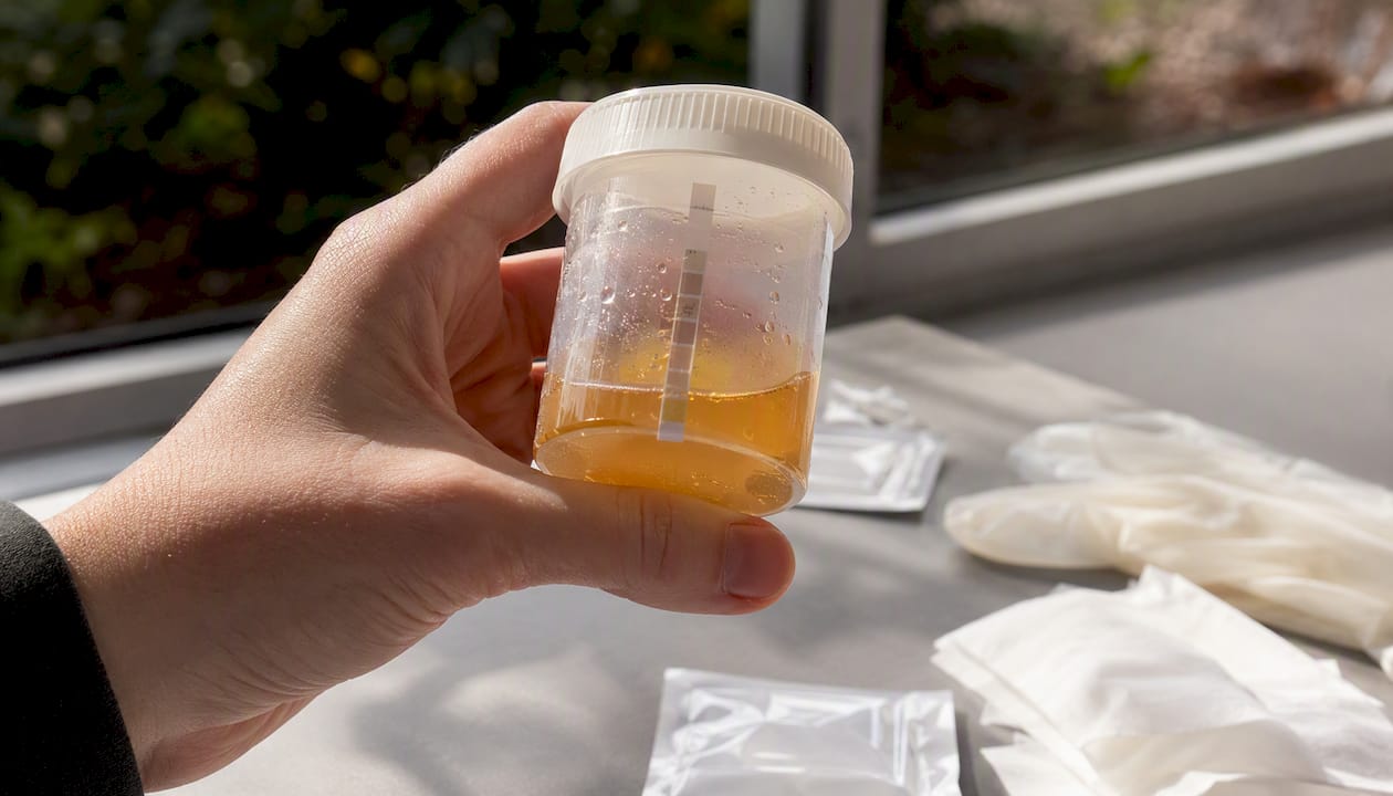 Hand reading temperature strip on urine sample cup