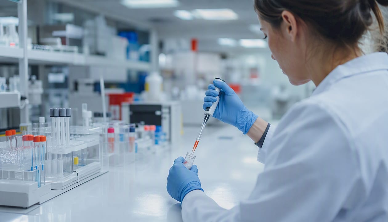 Gloved hands preparing vial for lab test