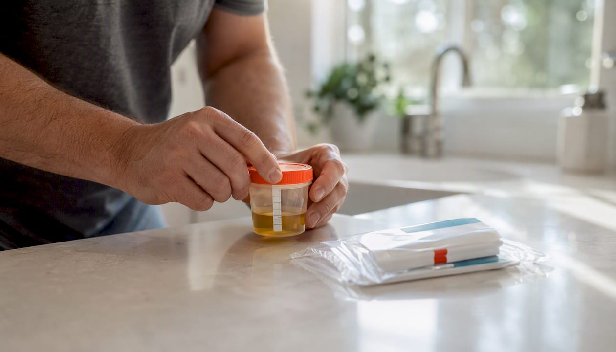 Hands holding urine sample cup and drug test kit
