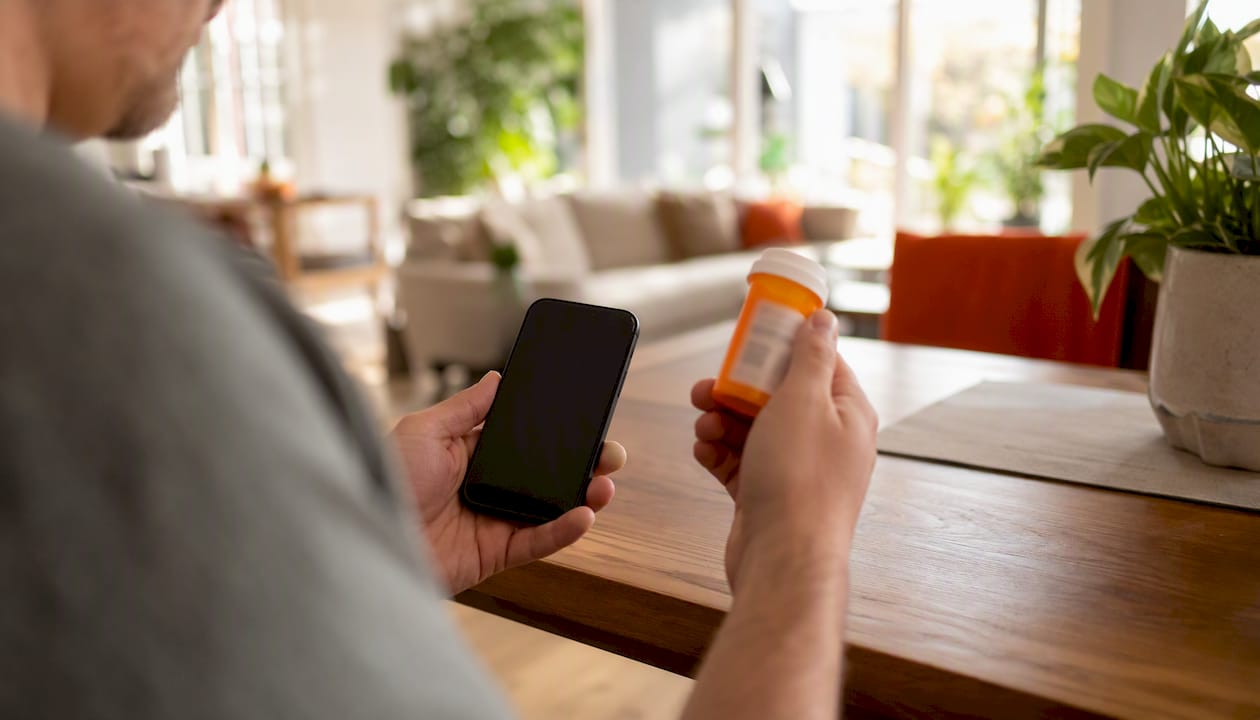 Hands holding prescription bottle and smartphone
