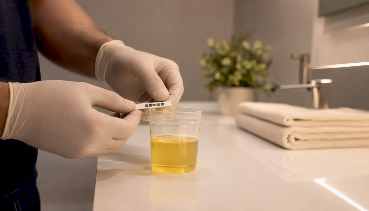 Gloved hands checking urine sample temperature strip