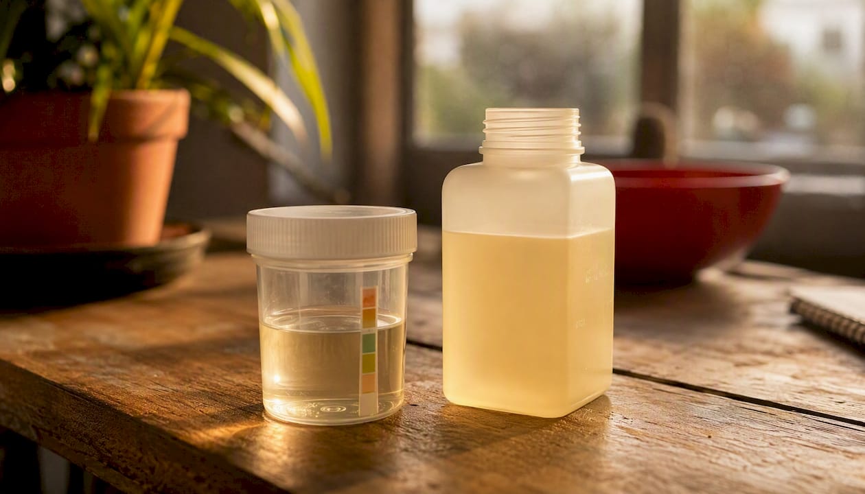 Synthetic urine sample container and bottle