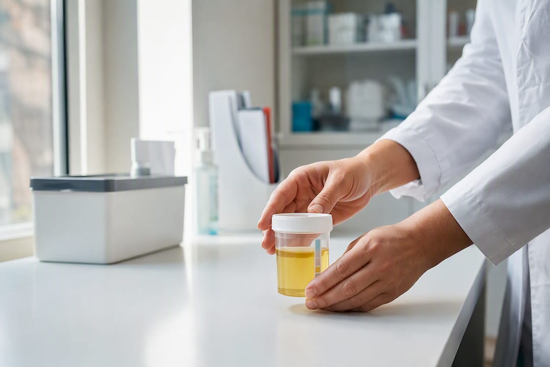 Hands holding sealed urine sample with temp strip