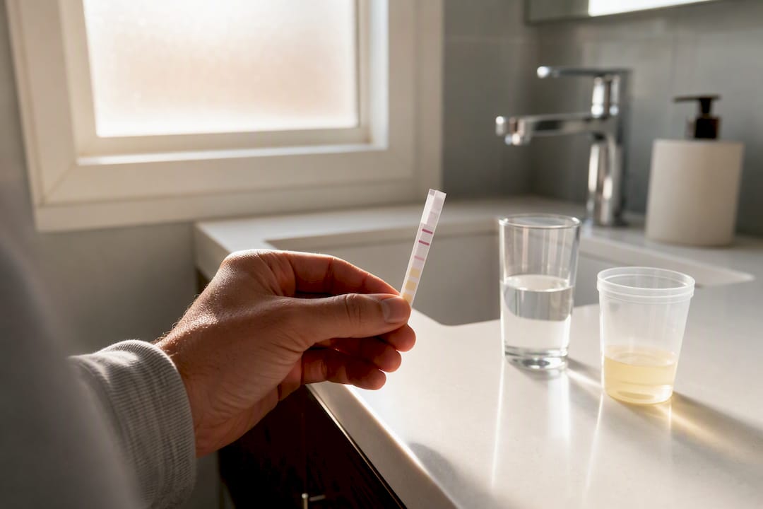 Hand holding drug test dip strip showing lines