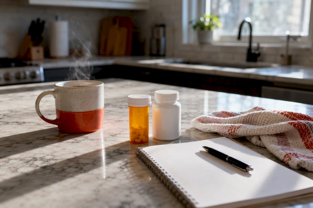 Prescription bottles and blank notebook on kitchen counter