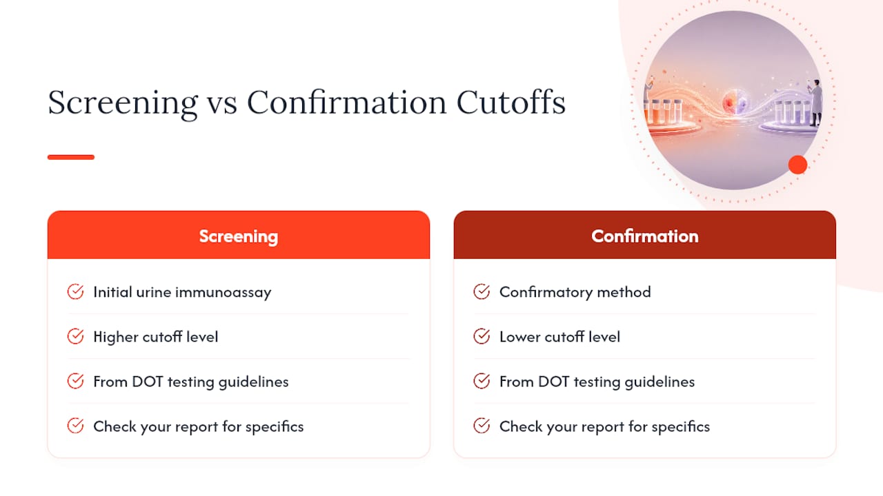 Diagram of drug test cutoff levels for screening and confirmation