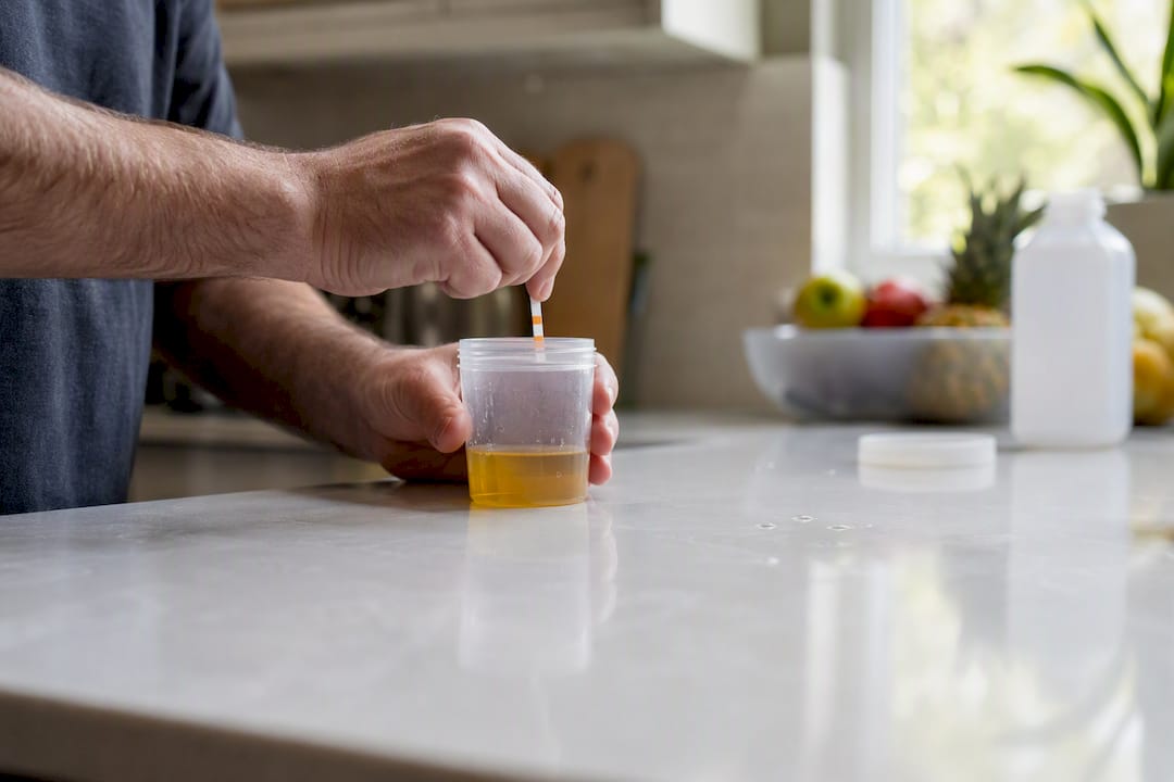 Hands performing home drug test on urine sample