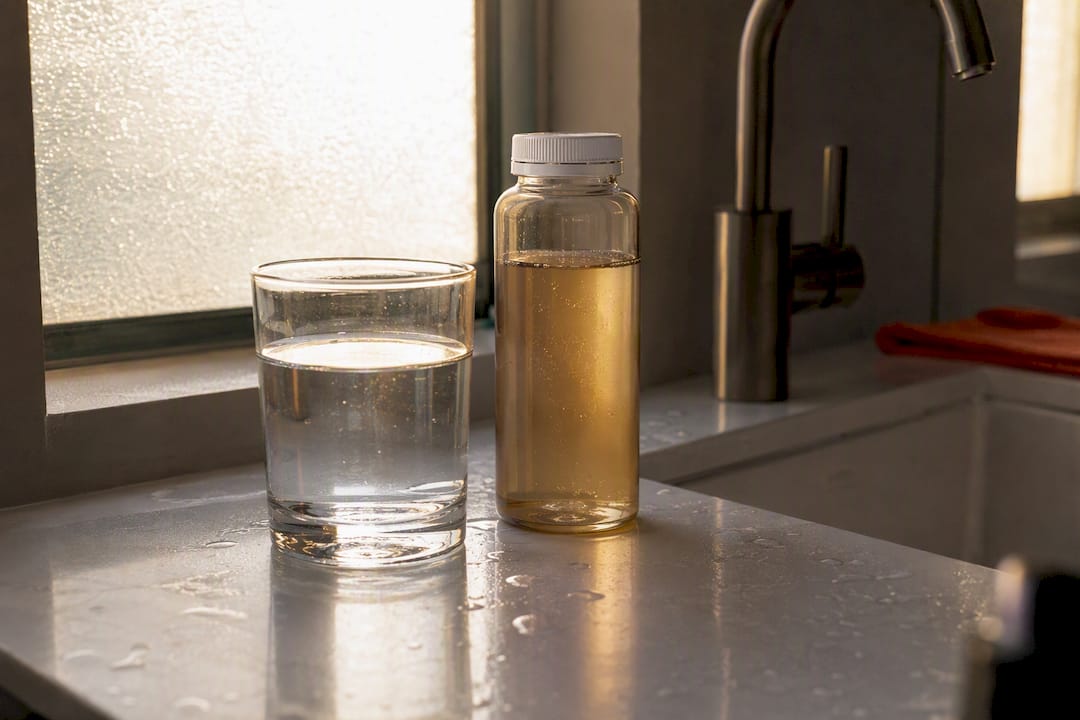 Detox drink and glass on bathroom counter