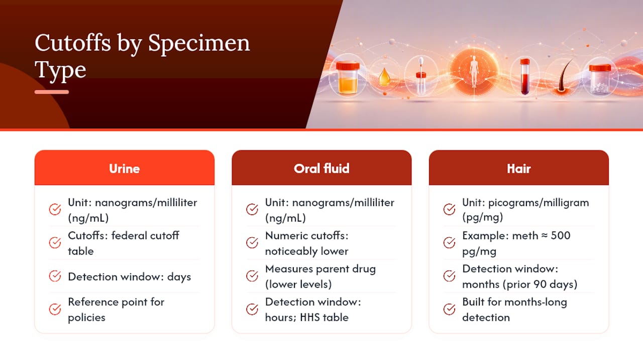 Comparison chart of drug test cutoff levels by specimen type