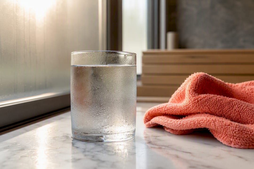 Glass of water and towel in warm sauna