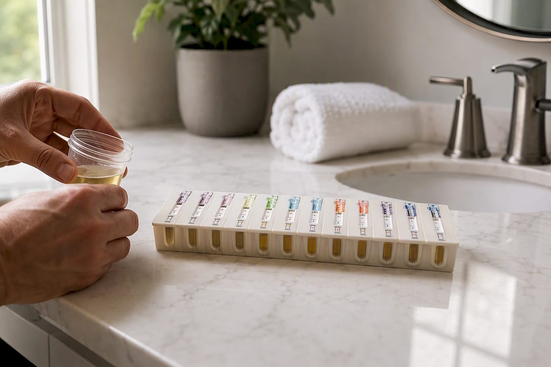 Hands holding urine cup near 12-panel drug test