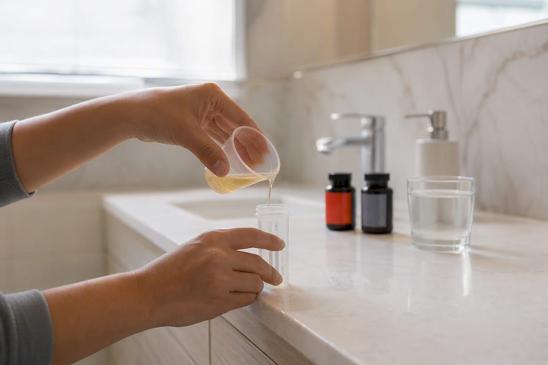 Hands pouring urine sample for drug test