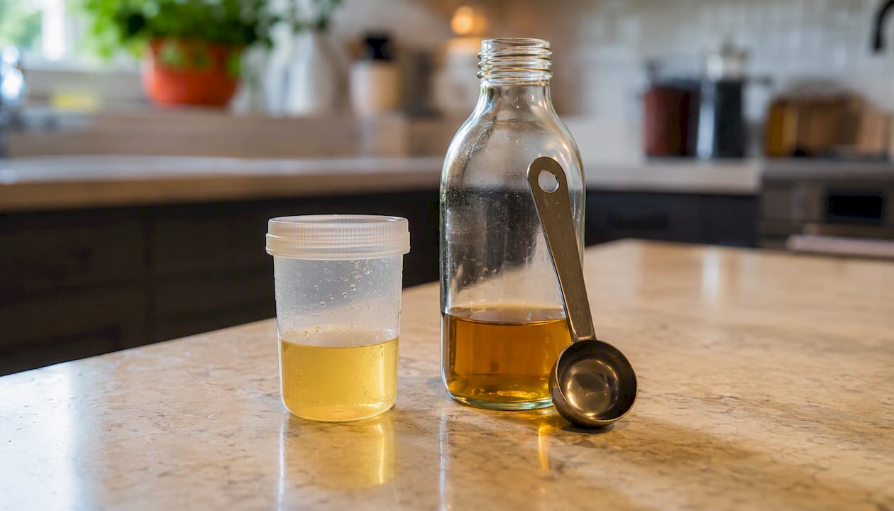 Vinegar bottle and urine sample cup on counter