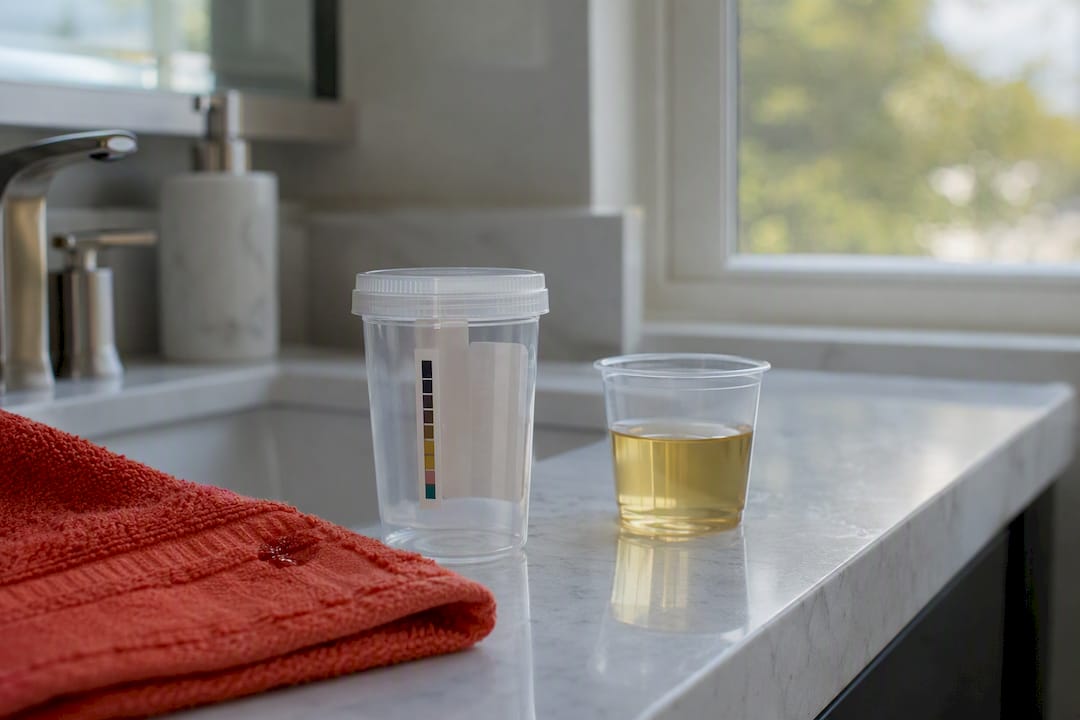 Urine collection cup and sample on bathroom counter