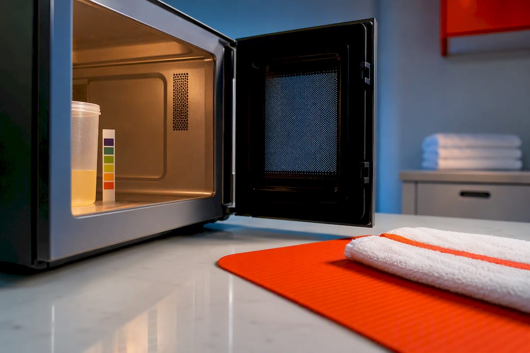 Microwave heating container near temperature strip