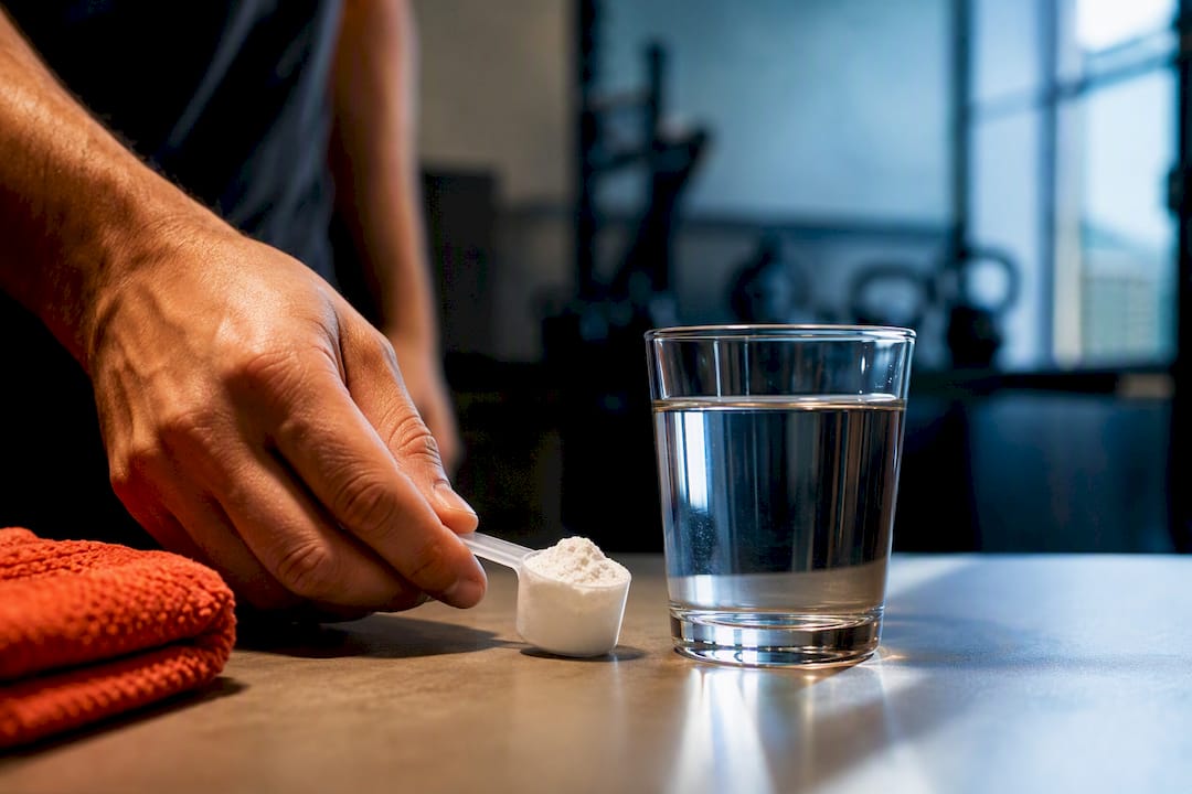 Creatine powder and glass in training room