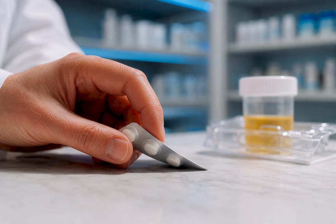 Decongestant medication beside drug testing supplies