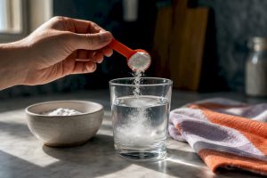 Baking soda dissolving in a drinking glass