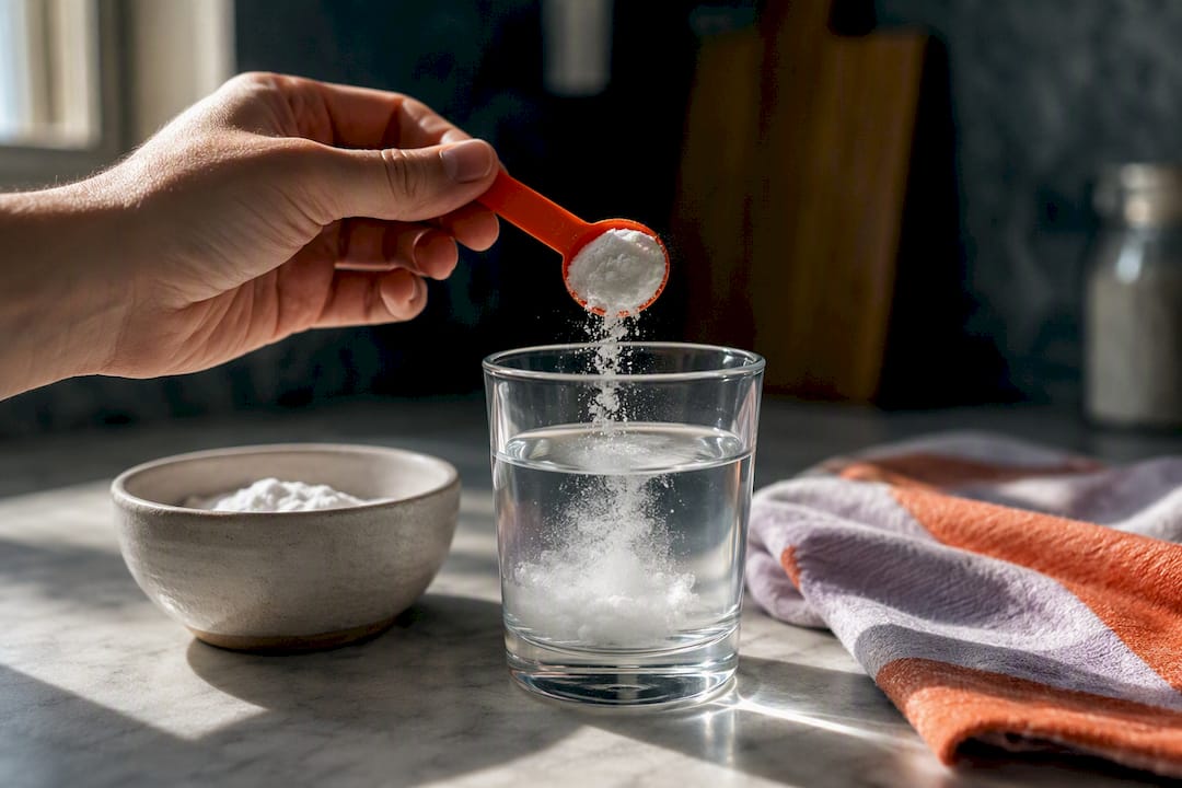 Baking soda dissolving in a drinking glass