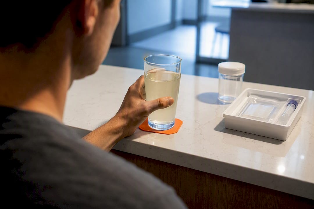 Plain drink beside anonymous testing collection kit