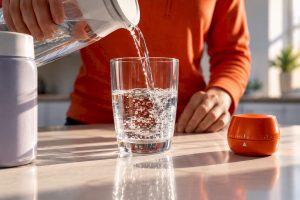 Water glass beside timed detox drink routine
