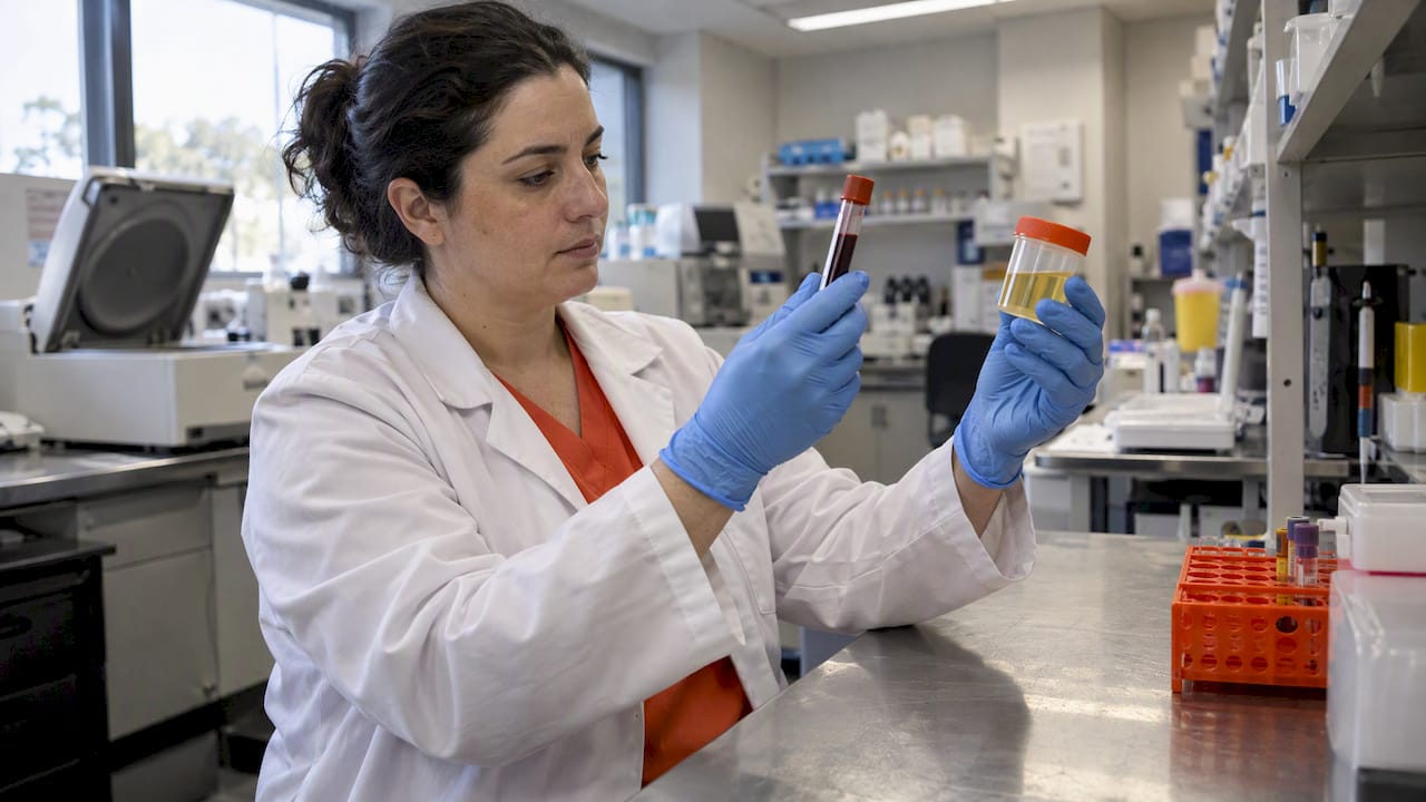 Analyst comparing blood and urine specimens