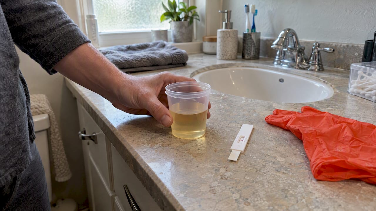 Urine specimen cup beside drug test strip