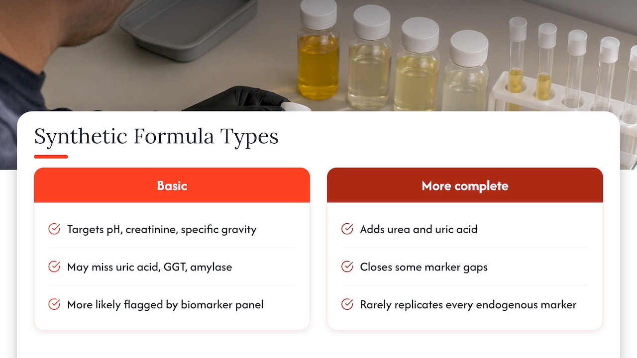 Common brands and formulations of synthetic urine and their detectability — overview diagram
