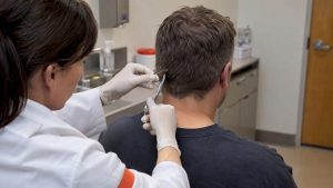 Technician collecting a hair drug test sample