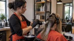 Colorist applying bleach to sectioned hair