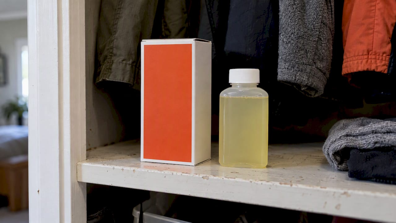 Sealed synthetic urine kit stored in closet