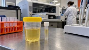 Urine specimen containers on a laboratory bench