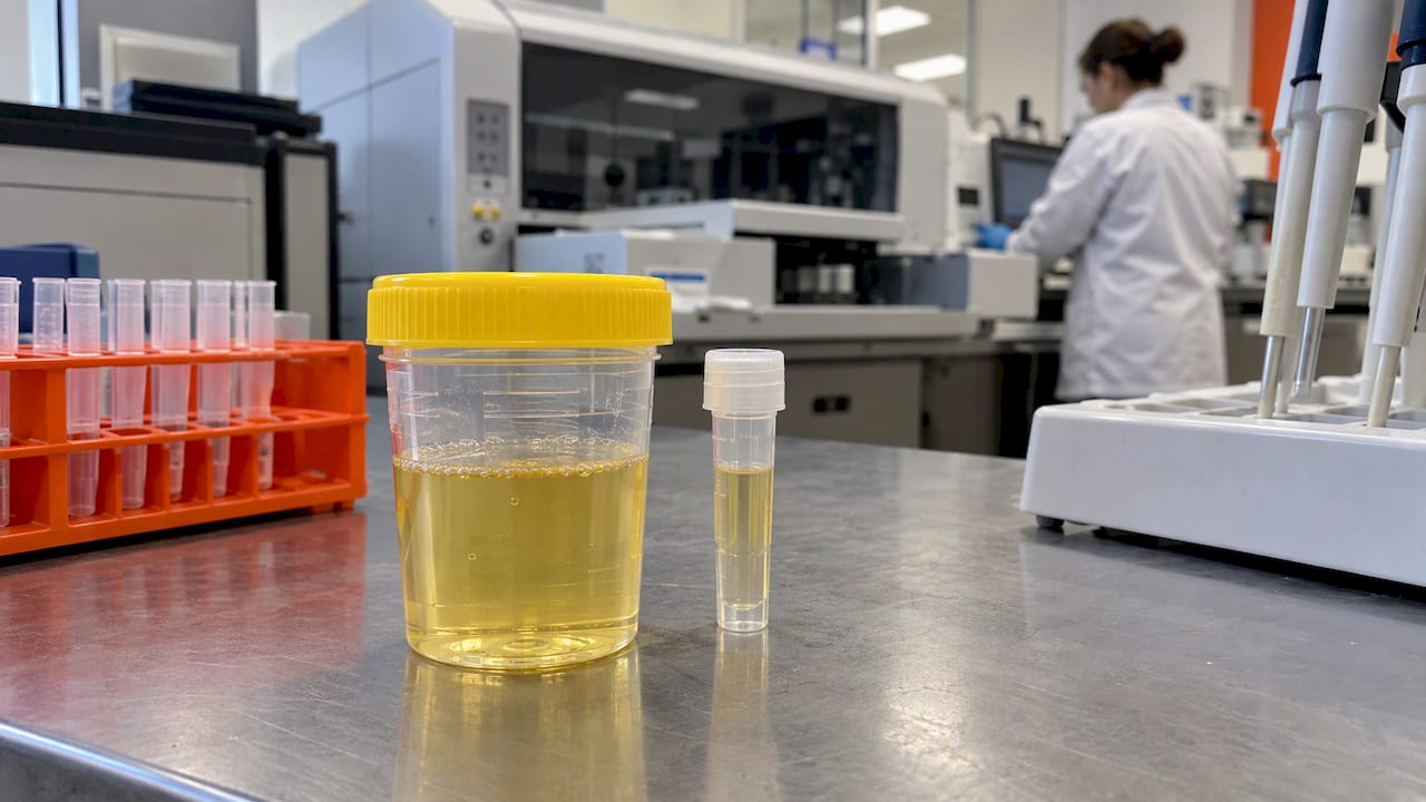 Urine specimen containers on a laboratory bench